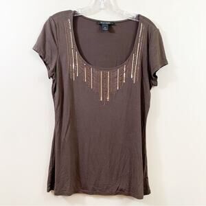 White House Black Market Sequin Detail Short Sleeve Brown Top
